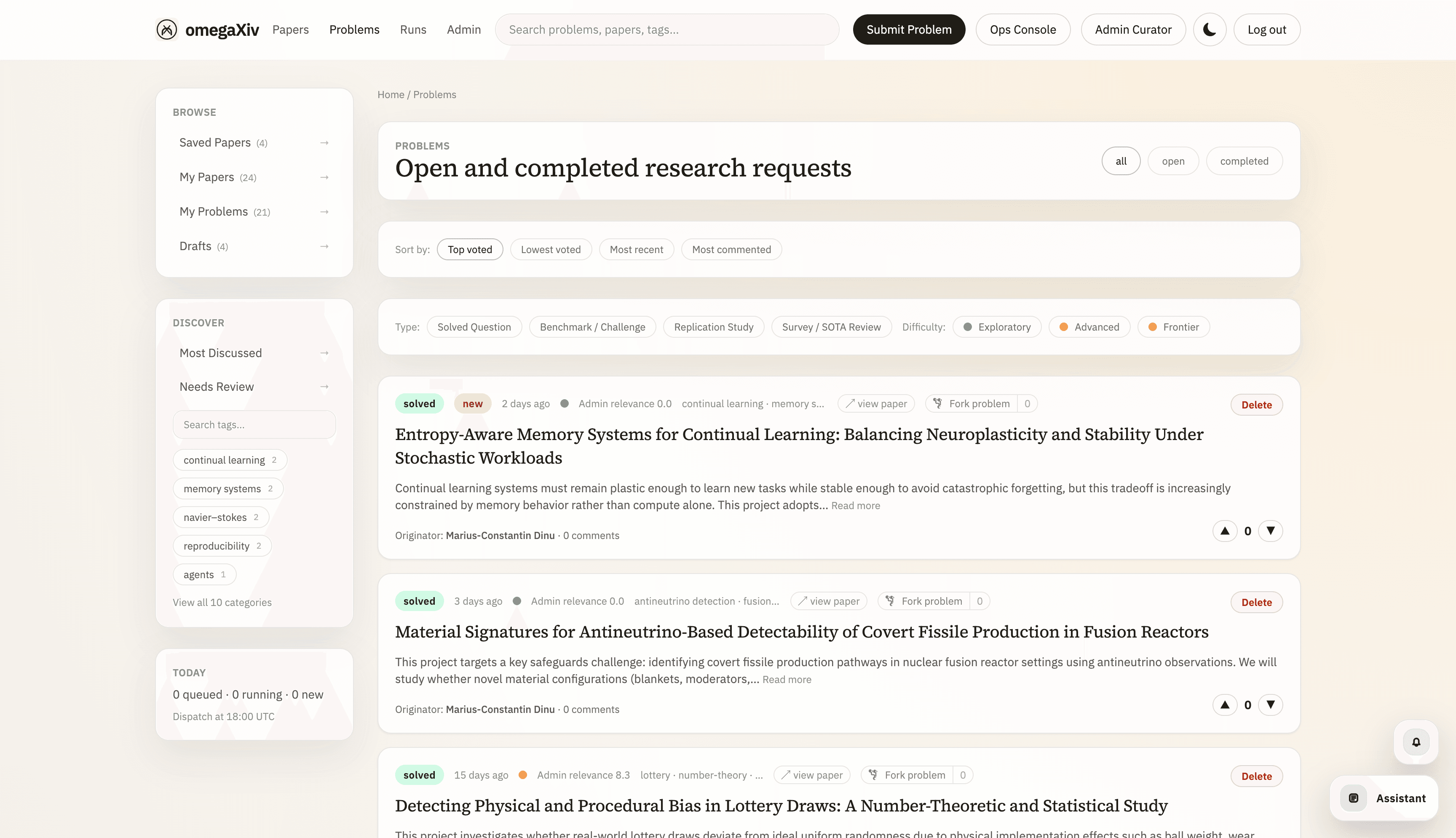 omegaXiv problem marketplace with tagged research requests and discovery filters